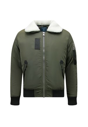 Groene bomberjack met witte fleece kraag, ritssluiting aan de voorkant, twee schuine zakken en een ritssluitingzak op de linkermouw.