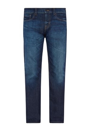 Dark blue denim jeans with a straight leg design, featuring a classic five-pocket style, faded accents, and orange stitching on seams.