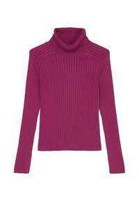 Fuchsia turtleneck sweater featuring a ribbed texture, long sleeves, and a fitted silhouette. No embellishments; simple design.