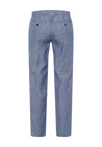Pantaloni in lino azzurro chiaro con taglio dritto, vita elasticizzata, due tasche posteriori e una finitura leggermente texturizzata.