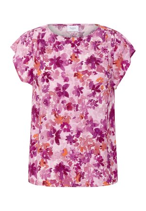 Ziedu blūze ar īsām piedurknēm rozā, purpursarkanā un oranžā krāsā. Mīksts audums ar akvareļa ziedu rakstu. Apaļa kakla izgriezums.