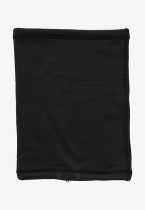 Schwarzer Halswärmer aus weichem, strukturiertem Stoff. Verfügt über einen elastischen Kordelzugverschluss an der Unterseite und gestickte Kanten.