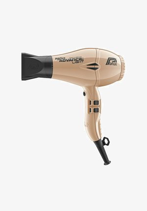 Parlux Advance Light haardroger in beige met zwarte accenten. Voorzien van een gestroomlijnd ontwerp, een textuurhandvat, bedieningsknoppen en een smalle mondstuk.
