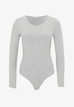 Body ajustado de manga larga color gris claro con escote redondo y una pequeña etiqueta de tela en el cuello.