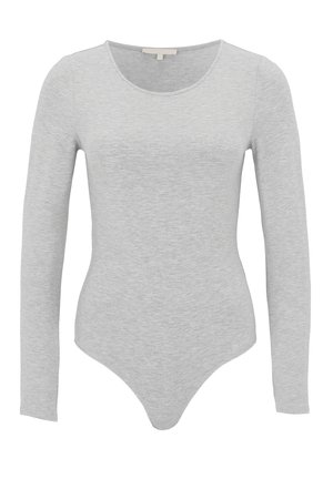 Lichtgrijs nauwsluitend bodysuit met lange mouwen, een ronde halslijn en een klein stoffen label bij de kraag.