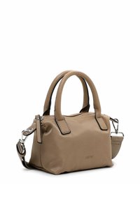Beige håndtaske med to korte håndtag og en aftagelig skulderrem. Glat materiale med sorte accenter og subtile syningsdetaljer.