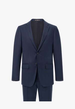 Marineblauer Zweiteiler aus strukturiertem Stoff; verfügt über zwei Knöpfe, einreihige Revers und seitliche Taschen an Jacke und Hose.