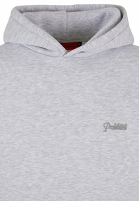 Pilkos spalvos džemperis su tekstūru, turi didelę kapučiną ir mažą "Draudžiama" logotipą apatinėje dešinėje. Dydis L.