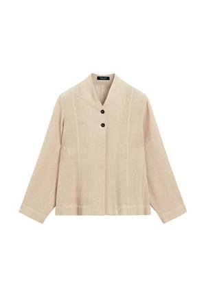 Giacca in lino beige con colletto alto, due bottoni neri frontali, maniche lunghe e orlo dritto.