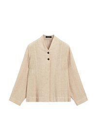 Beige linnedragt med høj krave, to sorte forknapper, lange ærmer og lige kant.