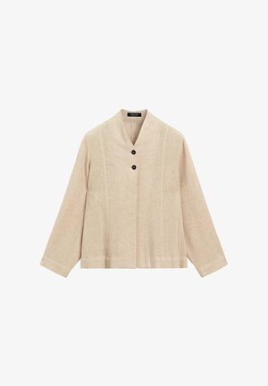 Giacca in lino beige con colletto alto, due bottoni neri frontali, maniche lunghe e orlo dritto.