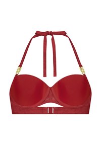 Červená podprsenka s halter krkem, polstrované košíčky, hladká textura a zlaté kovové detaily. Obsahuje zapínání na zádech a nastavitelné tkaničky pro lepší přizpůsobení.