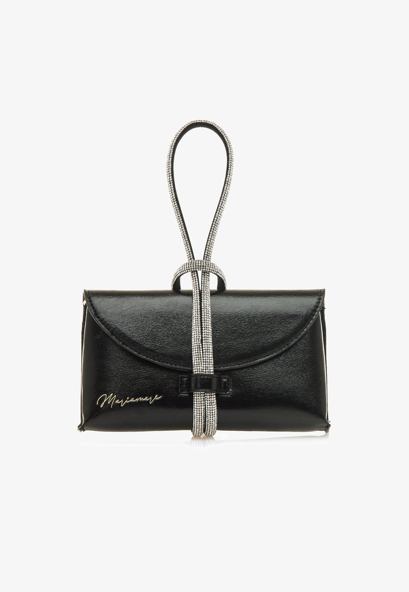 Pochette en cuir noir avec un rabat arrondi, dotée d'une bandoulière en strass scintillants et d'un accent en nœud. Logo signature en doré à l'avant.