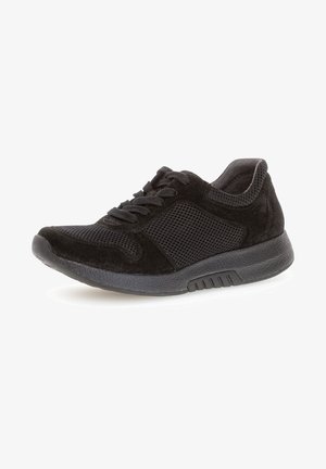 Black athletic shoes made of mesh and suede, featuring a lace-up design, cushioned sole, and textured accents for traction.