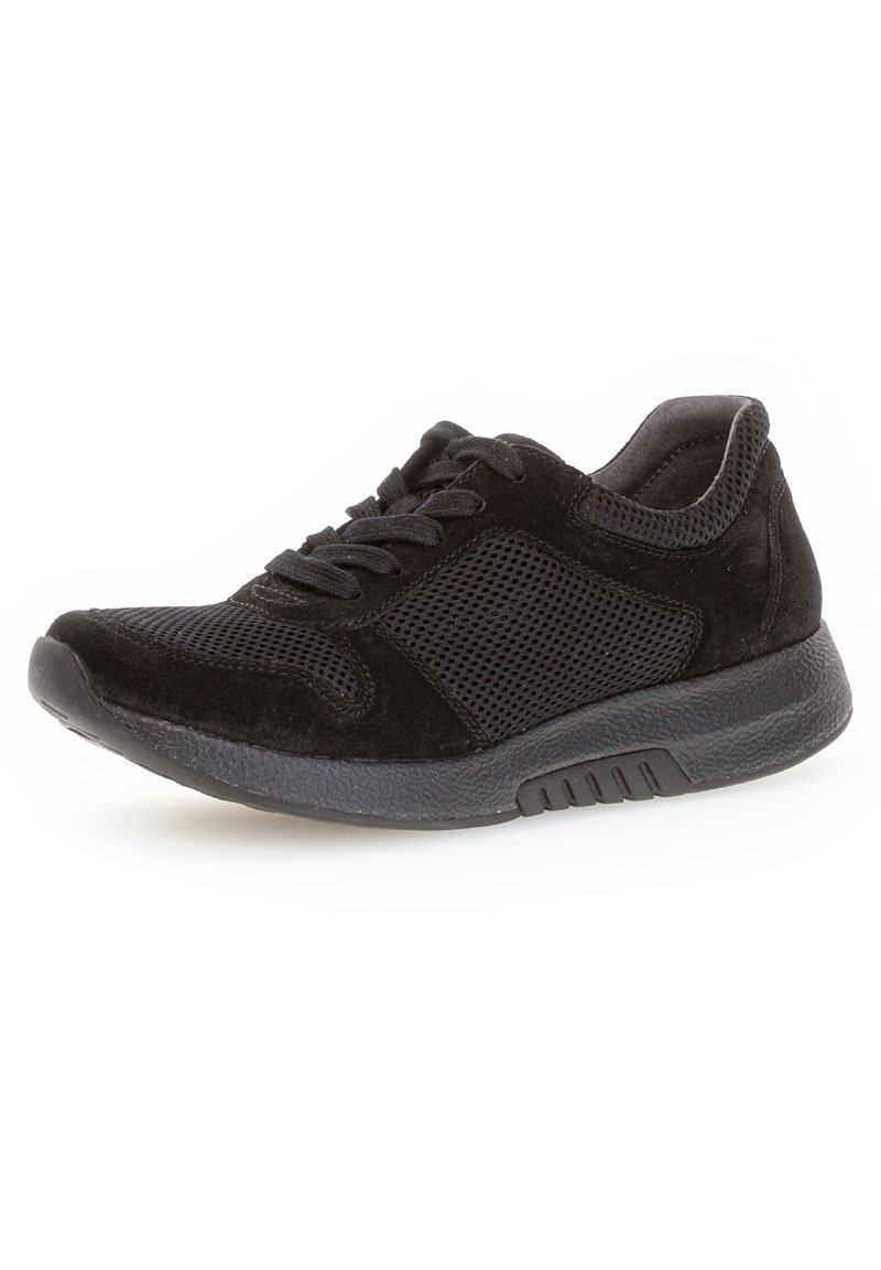 Black athletic shoes made of mesh and suede, featuring a lace-up design, cushioned sole, and textured accents for traction.