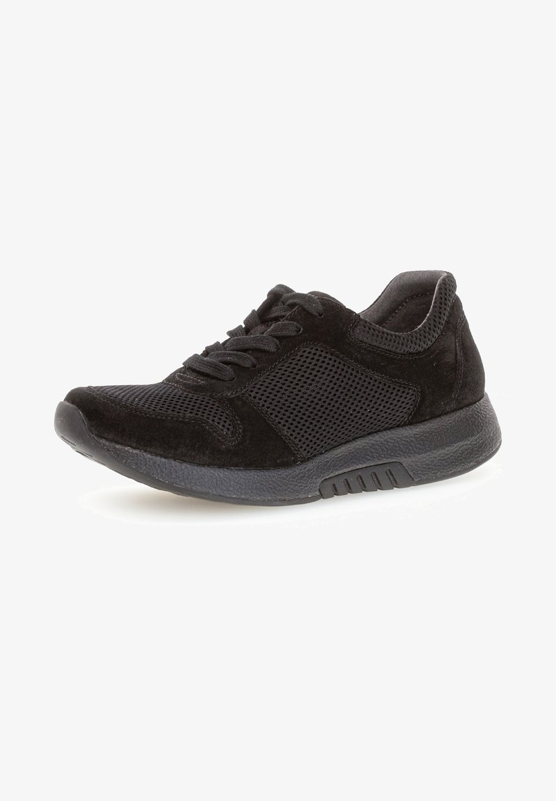 Black athletic shoes made of mesh and suede, featuring a lace-up design, cushioned sole, and textured accents for traction.