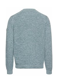 Sweater in light blue and grey, knit texture, crew neck, long sleeves, ribbed cuffs and hem, minimal detailing on the back.