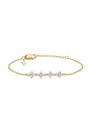 Gold chain bracelet featuring five floral-like links with round, clear crystals. Includes a secure clasp and a small logo charm.