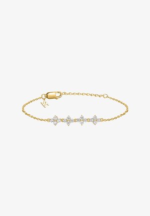 Goldfarbene Gliederarmband mit fünf blumenähnlichen Gliedern, die runde, klare Kristalle enthalten. Verfügt über einen sicheren Verschluss und einen kleinen Logohänger.