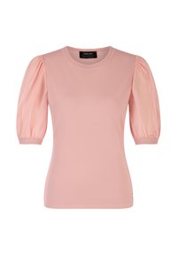 Pink short-sleeve top with a fitted body and puffed sleeves. Soft fabric with a smooth texture and subtle stitching detail at the neckline.
