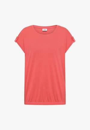 Blusa corallo a maniche corte con scollo rotondo e patte sulle maniche con bottoni, realizzata in tessuto morbido con orlo elasticizzato.