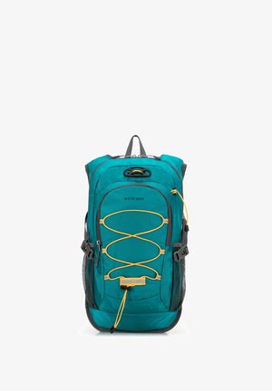 Teal rugzak met grijze accenten, netvormige zijzakken, gele bungee koorden en dubbele ritsen. Bevat een gevoerd rugpaneel en verstelbare schouderbanden.