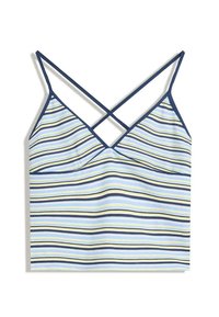 Pruhovaný tílek s tenkými křížovými ramínky, světlomodrá základna s námořnickými a žlutými vertikálními pruhy, hladká textura látky.