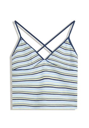 Striped camisole top featuring thin crisscross straps, light blue base with navy and yellow vertical stripes, smooth fabric texture.