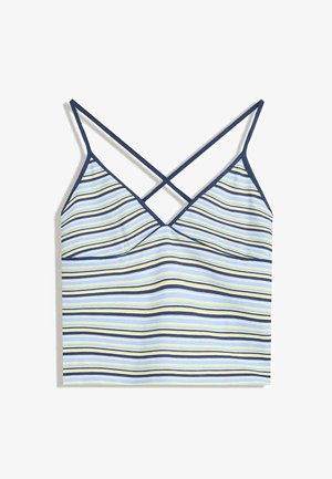 Gestreifter Trägershirt mit dünnen Kreuzträgern, hellblauer Grundfarbe mit senfgelben und dunkelblauen vertikalen Streifen, glatte Stoffoberfläche.