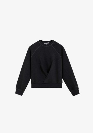 Sudadera negra hecha de tejido texturizado. Presenta un cuello redondo, mangas raglán y un detalle frontal retorcido. Puños y dobladillo acanalados.