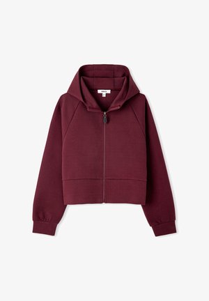 Kurz geschnittenes burgunderfarbenes Hoodie aus weichem Stoff, mit einem vorderen Reißverschluss, großer Kapuze und gerippten Bündchen. Glatte Textur mit minimalistischem Design.