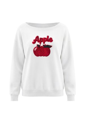 Hvid langærmet sweatshirt med rød paliettekst "Apple" og to røde æbler med grønne blade broderet på fronten.