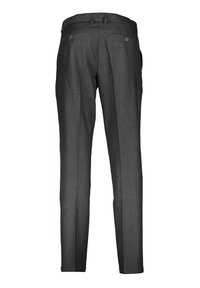 Pantaloni grigio scuro con texture liscia, dotati di due tasche posteriori con chiusura a bottone e una vestibilità sartoriale. Davanti piatto con pieghe stirate.