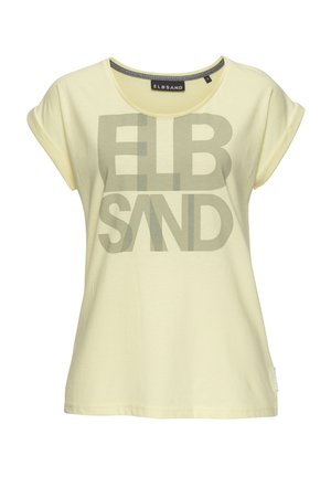 Gelbes Kurzarm-T-Shirt mit rundem Halsausschnitt, das einen großen grauen Fettdruck "ELBSAND" auf der Vorderseite zeigt. Weicher Baumwollstoff.