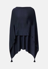 Granatowy poncho wykonane z miękkiego materiału, z asymetrycznym dołem i frędzlami na brzegach, luźno opadające na ciało.