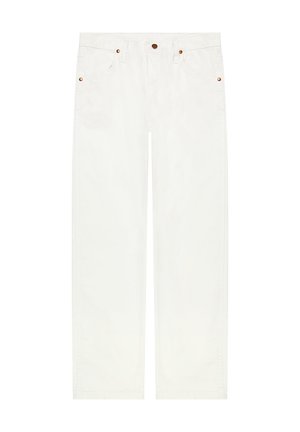 Weiße Hose mit geradem Bein, Fronttaschen, Gürtelschlaufen und kupferfarbenen Knopf- und Niet-Details.