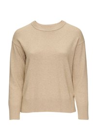 Beige gebreide trui met een ronde halslijn, lange mouwen en ribgebreide accenten bij de manchetten en de zoom. Zachte textuur met een relaxte pasvorm.
