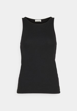 Sort ærmeløs top lavet af et glat, let materiale. Har en rund halsudskæring og en tætsiddende silhuet med minimale syninger.