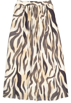 Jupe midi plissée en tissu léger, présentant une base crème avec des rayures abstraites audacieuses en noir et marron. Taille élastique pour plus de confort.