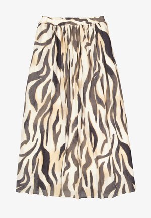 Jupe midi plissée en tissu léger, présentant une base crème avec des rayures abstraites audacieuses en noir et marron. Taille élastique pour plus de confort.