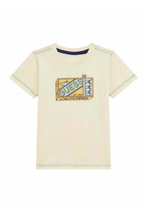 Cremefarbenes Kurzarm-T-Shirt mit einem "GUESS California" Motiv mit Fischen und einer Angelrute auf der Brust.