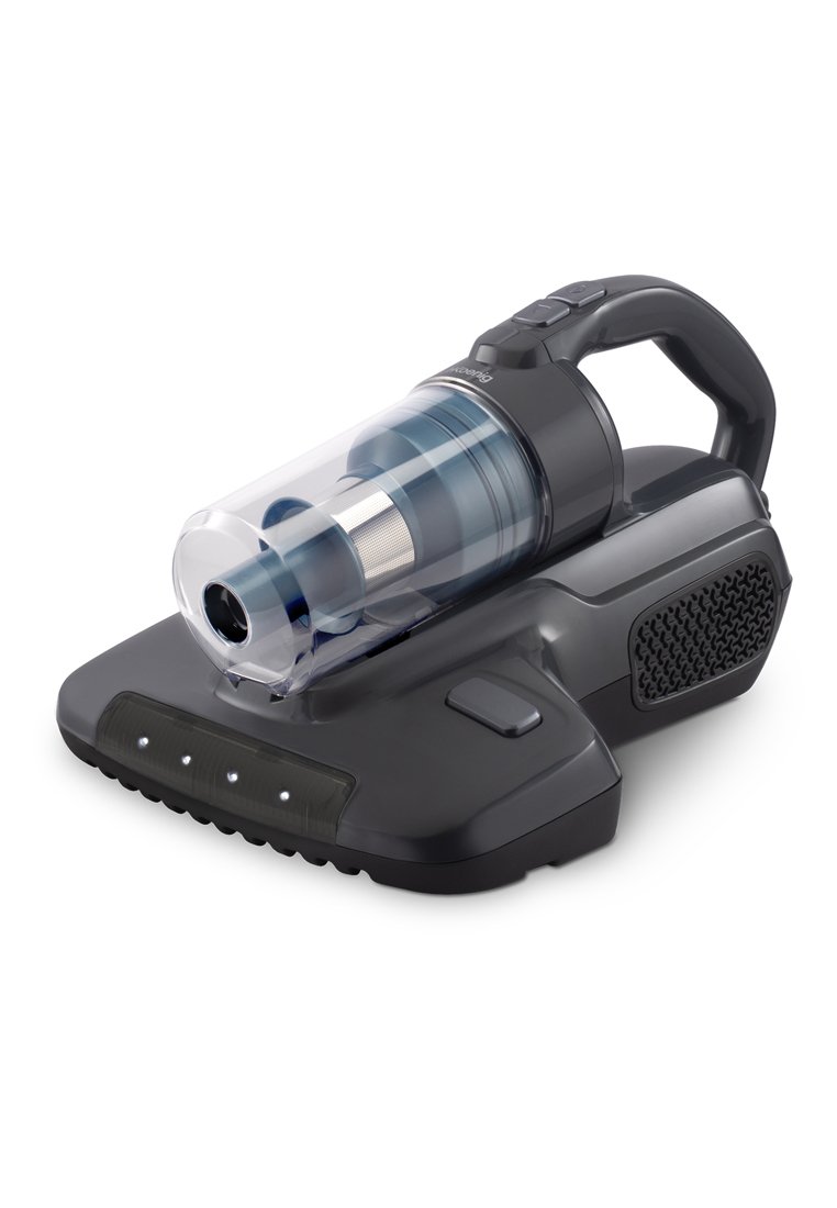 Aspirapolvere portatile senza fili con contenitore della polvere trasparente, manico ergonomico e luci LED sul beccuccio per la pulizia.