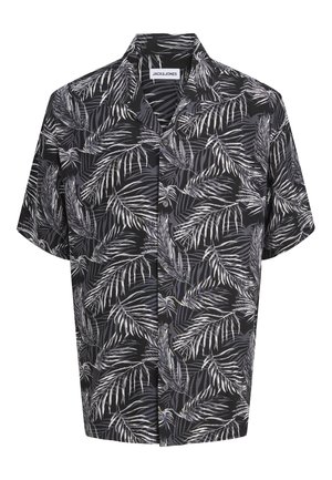 Sort kortærmet skjorte med knapper og hvidt og gråt palmebladsmønster samt krave, fra mærket Jack & Jones.