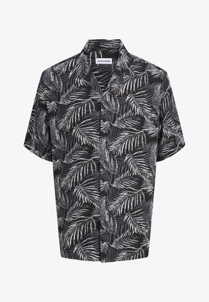Crna košulja kratkih rukava na kopčanje s bijelim i sivim uzorkom palminih listova i ovratnikom, marke Jack & Jones.