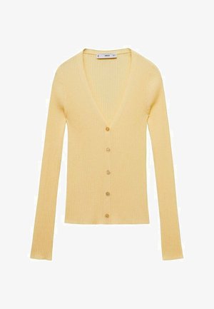 Geel geribde cardigan met lange mouwen, V-hals en vijfknops sluiting aan de voorkant, gemaakt van zachte, gestructureerde stof.