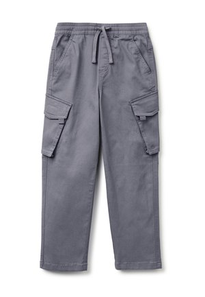 Szare spodnie cargo z elastycznym paskiem i troczkiem, wyposażone w boczne kieszenie z patkami oraz skośne kieszenie z przodu, o prostych nogawkach.