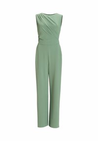Combinaison verte sans manches avec un buste drapé, texture lisse, jambes larges et taille cintrée. Fermeture éclair au dos, design minimaliste.