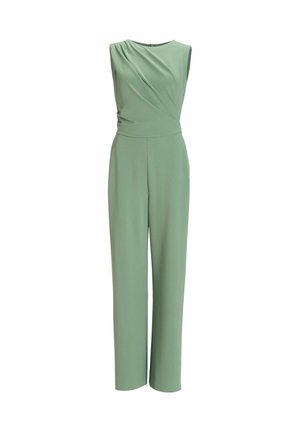 Jumpsuit verde senza maniche con un corpo drappeggiato, texture liscia, gambe ampie e vita aderente. Chiusura con zip sul retro, design minimalista.