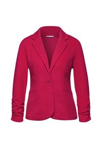 Blazer fuchsia en tissu doux, avec une fermeture à un bouton, des revers crantés et des manches froncées ; deux poches avant incluses.