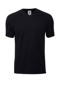 Sort kortærmet t-shirt med V-hals design. Fremstillet af blødt stof, har en lige afslutning og minimale detaljer, velegnet til afslappet brug.